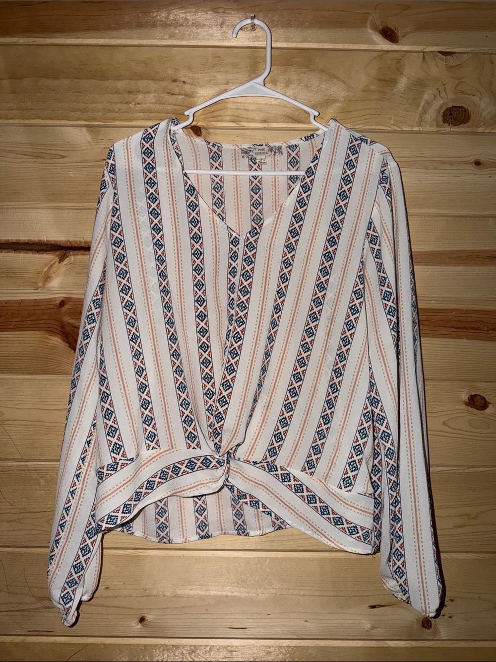 Pink Republic Cream Striped Tie-Front Blouse with Navy and Rust Accents